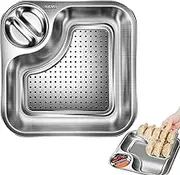 Diping Dumpling Plate,Removable Dumpling Plate Double-Layer Stainless Steel Dumpling Tray - Serving Tray Water Filter Square Food Plate with Dipping for Salad & Fruit