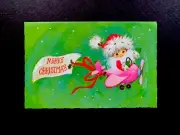 1 VTG Unused Xmas Greeting Card Adorable Girl In Santa Hat Flying In Pink Plane