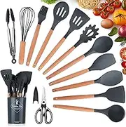 KagoLing Kitchen Utensil Set, Non-Stick Heat Resistant Kitchen Utensil Set, Silicone with Wooden Handle, 13 Pieces, Kitchen Utensils Including Spoons, Tongs, Whisk, Spatula