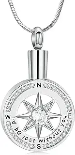 DOTUIARG Compass Urn Necklace Cremation Jewelry for Ashes Stainless Steel Inlaid Crystal Memorial Pendant Funeral Keepsake for Women Men