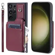 For Samsung Galaxy S23 Ultra Zipper Pocket Case Coated TPU Wallet Phone Cover with Wrist Strap