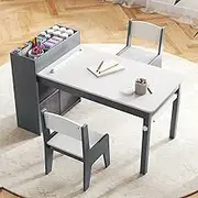 HONEY JOY Kids Art Table & Chairs Set w/Paper Roll, Wooden Kids Craft Study Desk w/Storage Shelves, Fabric Bins & Art Supply Organizer for Drawing, Activities, Toddler Furniture for 3+ Years, Grey