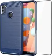 [Asuwish] Phone Case for Samsung Galaxy A11/M11 with Tempered Glass Screen Protector Cover and Slim Thin Soft TPU Mobile Cell Accessories Protective Glaxay A 11 Gaxaly 11A Women Men Carbon Fiber Blue