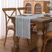 Gernaice Boho Table Runner, Rustic Cotton Linen Farmhouse Table Runners for Holiday Wedding Dining Living Room Bedroom Home Decor, 90" L X 13" W Blue