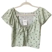 Cotton On Cropped Front Tie Floral Tee Shirt Top Mint Green Blue Medium NWT