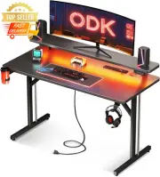 Gaming Desk with Monitor Shelf LED Lights & Power Outlets Carbon Fiber