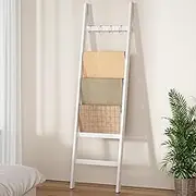 Cozivolife Blanket Ladder 6-Tier,Bamboo Towel Rack with 2 Anti-Tip Straps and 4 Hooks, Easy Assembly Wall-Leaning Rack, Rustic Decorative Farmhouse Storage Shelf (White)