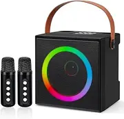 Nsyee Adult and Kids Karaoke Machine with LED Party Light, Portable Voice Changing Bluetooth Speaker with 2 Wireless Microphones, Kids Gift for Boys Girls at Family Party, Outdoor Picnic, Black