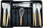 Alliebe Cutlery Drawer Organiser,Black Large Stretchable Silverware Organizer,Silverware Tray,Kitchen Multipurpose Store Spoons,Forks, Knives and Other Kitchenware Cutlery Storage Box