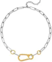 [WOWORAMA] Silver Paperclip Chain Necklace with Gold Carabiner Pendant Two Tone Necklace Unisex Adjustable Statement Chunky Chain Necklaces for Women Men, Adjustable Size, Metal, No Gemstone