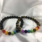 2 PC Beautiful Onyx Lava Rock Volcanic Stone Multicolor Beads Bracelet 1429