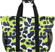[sanluoli] Totes Collapsable Beach Bag With Pockets Canvas Tote Bag For Car, Leopard Print Lime Green and Navy Blue, 1 size