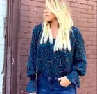 New Cabi Teal Black Floating Leaves V Neck Shadow Leaf Blouse Top Size Large