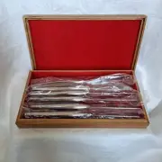 Steak Knives Set 6 Stainless Serrated Japan Vintage MCM New With Wooden Box