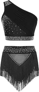 [Yihuimin] Women Lyrical Dance 2 Outfit Sparkly Rhinestone Tassel One Shoulder Crop Top Tassel Skirts Shorts