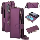 For Samsung Galaxy Z Fold6 5 4 3 Soft PU Leather Zipper Wallet Case with Lanyard