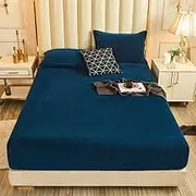 Wnter Milk Velvet Fitted Sheet Elastic Mattress Cover Bedspread Double Bed bedsheet,Navy Blue,150x200x30cm 1pc
