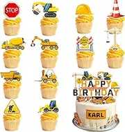 Construction Cake Topper, 13 Pcs Construction Cake Decorations Set - Birthday Topper & Cupcake Toppers/Excavator Cupcake Toppers for Birthday Supplies