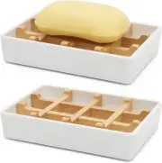 Bamboo Soap Dish for Shower Wooden Bar Holder Single White Square