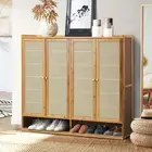 Oikiture Shoe Storage Cabinet Shoes Rack Organiser Shelf 4 Doors Rattan Brown
