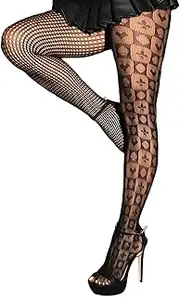[Oxtxuzdm] Women's High Elasticity Tights Breathable Nylon Black Mesh Leggings for Fashion Nightclub Wear Print Pantyhose