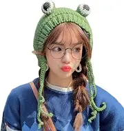 [PURFANREE] Women Girls Crochet Knitted Winter Headband Hat Beanie Cute Cartoon Frog Big Eyes Earflap Cap Photo Props