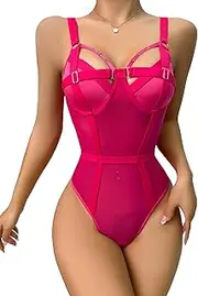 [Generic] Women's Contrast Mesh Criss Cross Cut Out Exotic Teddy Babydoll Bodysuit
