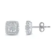 Diamond Set Miracle Square Halo Stud Earrings in Sterling Silver