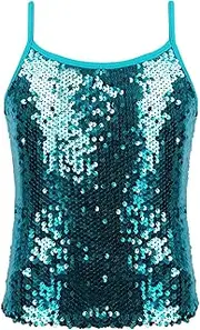 [Rswnyirn] Kids Girls Sequined Camisole Tank Top Adjustable Straps Cami Shirts Dancing Costume Dance Top