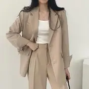 Lapel Collar Plain Single-Breasted Blazer / High Waist Wide Leg Dress Pants Dress Pants - Black - L