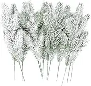 14 Pcs 10Inch Artificial Flocking Pine Picks Snow Forest Artificial Pine Needles Branches Christmas Fake Greenery Tree Branches DIY Leaves for Christmas Wreaths Garden Party Holiday Decor (14, White)