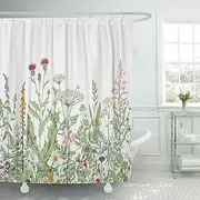 MAYTEC Shower Curtain Vintage Floral Border Herbs and Wild Flowers Botanical Engraving Style Colorful Field Vegetation Waterproof Polyester Fabric 72 x 72 inches Set with Hooks