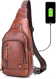 [BULLCAPTAIN] Genuine Leather Sling Backpack with USB Charging Port Multi-pocket Chest Bag Hiking Travel Daypack XB-129