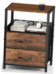 End Table with Fabric Drawer, Small Wooden Side Table, 4-Tier Nightstand with
