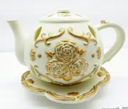Partylite P7301 Tea Time Teapot Tealight Holder - White/Gold Roses - New