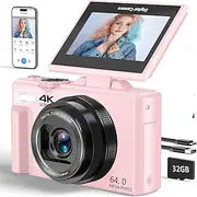 4K Digital Camera for Photography 64MP Vlogging Camera for YouTube with 3 180 Flip Screen 18X Digital Zoom Point and Shoot Camara with 32GB Micro SD Card for B