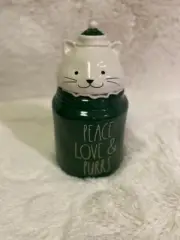 Rae Dunn Christmas Cat Canister Green and White "Peace, Love & Purrs" New in Box