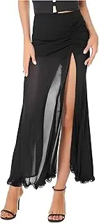 [TiaoBug] Women Dance Long Skirt Ankle Length Side Split Ruched Skirt with Built-in Shorts for Performance Competition