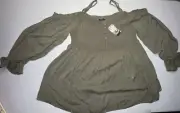 Torrid Size 2X Olive Green, Long Sleeve, Cold Shoulder, Button Front, Smock Top