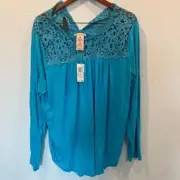 Gorgeous crochet lace top. NWT. Bright blue. Rayon Span blend. Long sleeves.