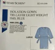 100 PACK Isolation Gown Tri-layer Light Weight SMS Blue AAMI Level 1 LARGE