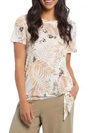 Tribal Short Sleeve Crew Neck Top With Tie Front Sesame