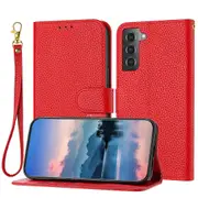 Galaxy S21 Fe Case Litchi Grain PU Leather Folio Cover Magnetic Closure Flip Wallet Card Slots Stand Case With Hand Strap, Brown - Red