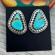 Blue Kingman Turquoise Stud earrings #1, sterling siver navajo handmade Sharon
