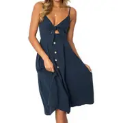 Nevenka Women Tie Front Summer Beach Dresses Spaghetti Strap Sundress-Dark Blue