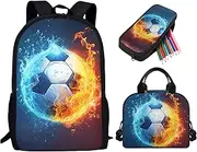 Salabomia Soccer Backpack for School Water & Fire Soccer Ball Backpack with Lunch Box Kids School Bookbag 3 in 1 Set School Bag with Lunch Bag Pencil Case, Large Lightweight Kids Backpack for School