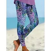 Women's Leggings Vacation Vintage Fashion Ankle-Length High Waist Floral Graphic Leaf Printing Breathable Soft Stretchy Vacation Causal Casual Purple Summer Sp