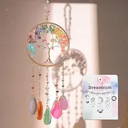 Tree of Life Agate Wind Chime, Dreamsum Hanging Crystal with Mixed Stone and Agate Hanging Decor Bohemian Crystal Tree Moon Wind Chimes, Metal Art Wall Decor, Wall Hanging Decor, Crystal Hanging Decor