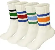 [Meng Jiaran] 4 Pairs Crew Sport Socks Women Men Striped Crew Socks 5.5-9 Retro Athletic Socks Casual Cotton Socks for Women Men, White