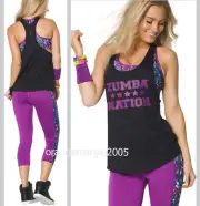 ZUMBA Double Layer Tank w Built-in-Bra Top + Mashed Up Capri Leggings 2 Pieces